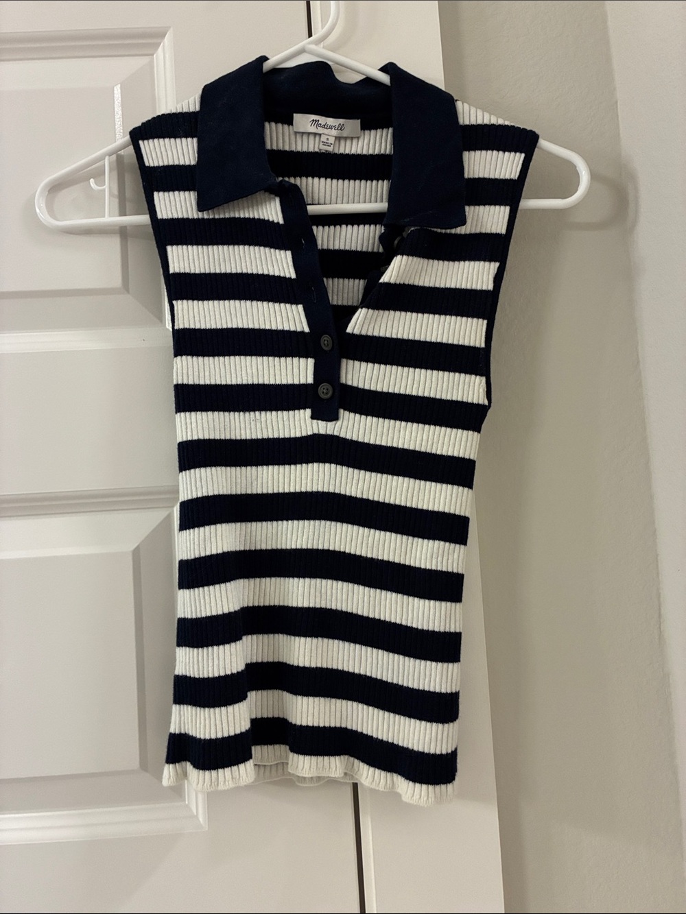 Madewell Navy and White Ribbed Striped Sleeveless Polo Tank